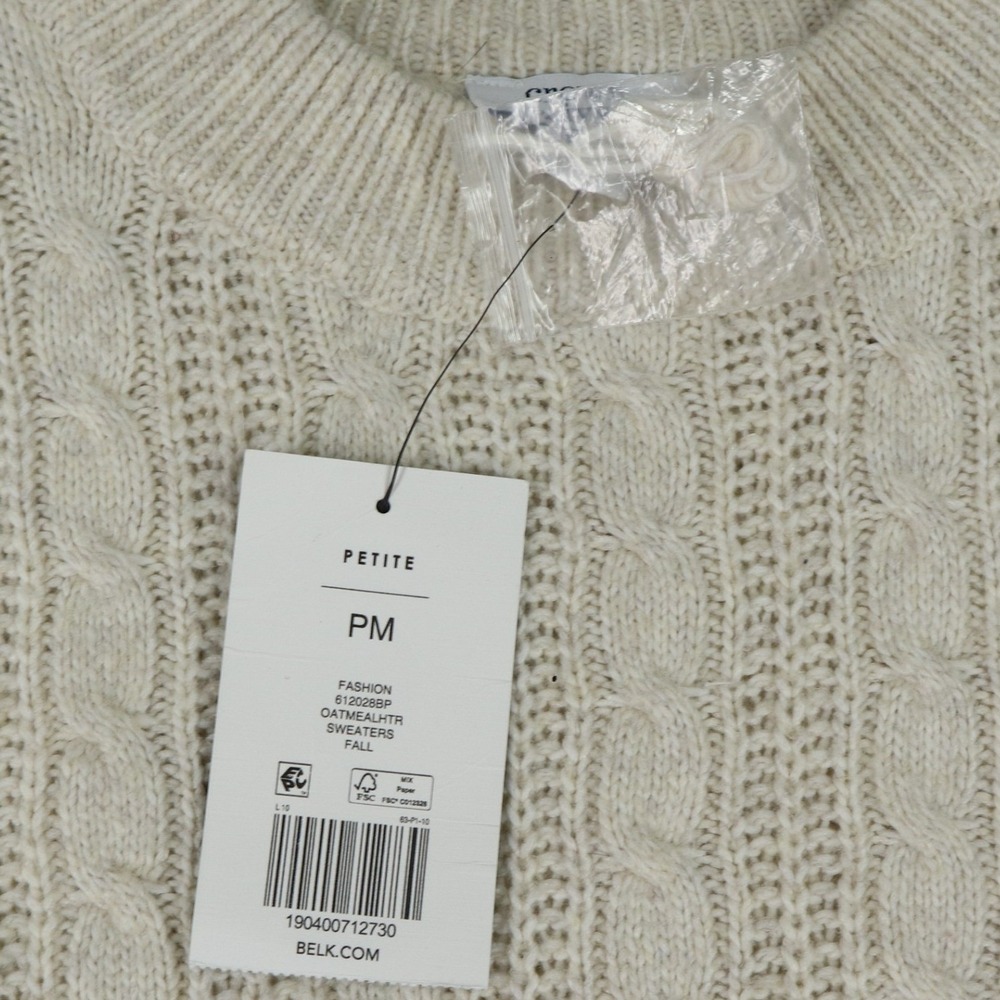 Crown & Ivy Cable Knit Sweater Womens PM Puff Sleeve Oatmeal Heather Casual - Picture 3 of 9